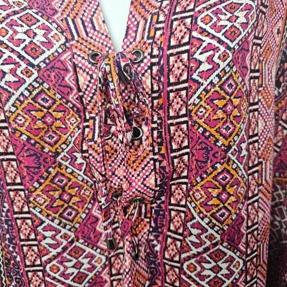 Faded Glory Pink Aztec Boho Tribal Peasant Roll Tab Tunic Blouse 18W/20W - Picture 3 of 11